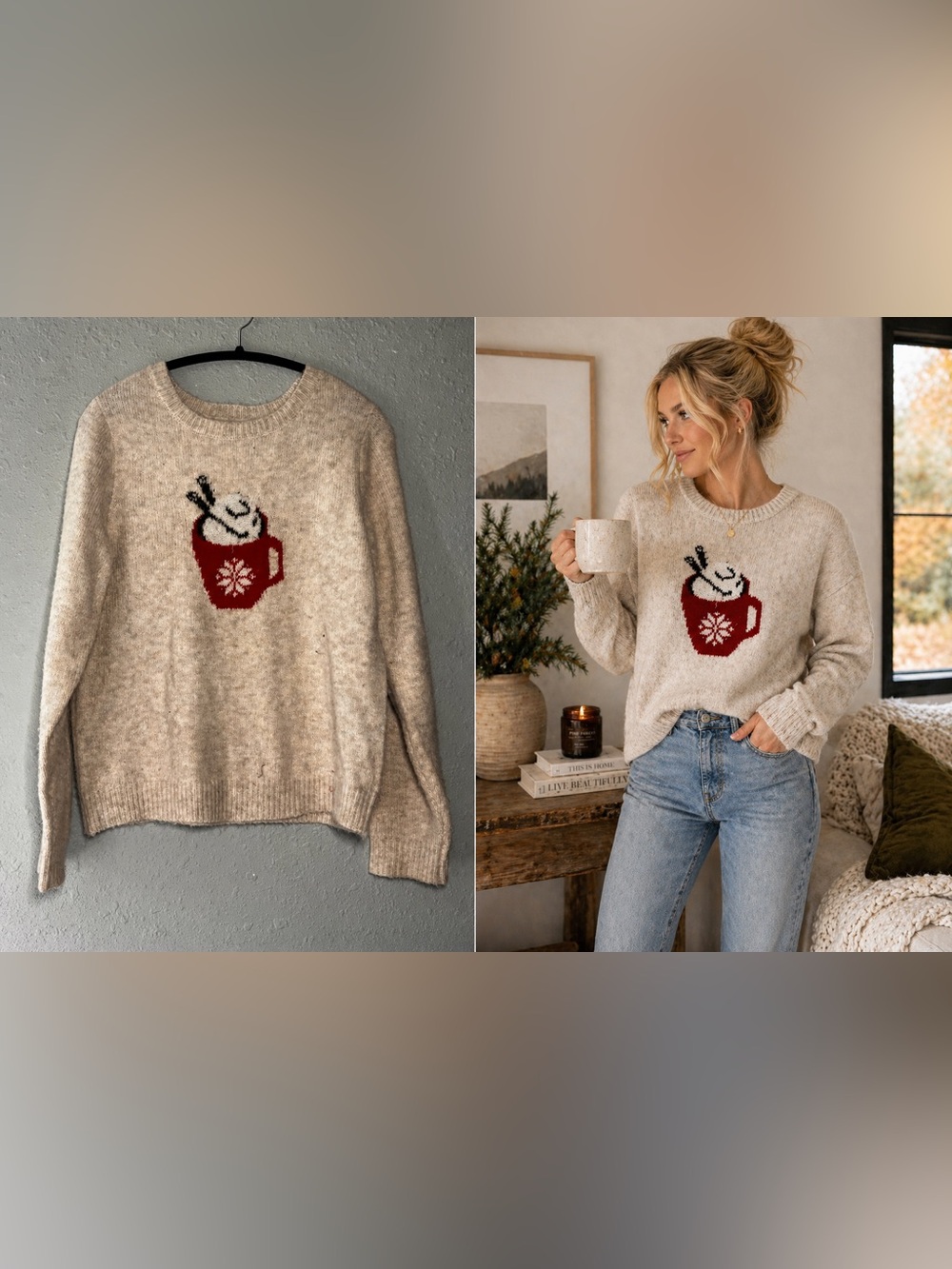 Cupcakes and Cashmere Cozy Knit Sweater Hot Cocoa Graphic Cream Size M